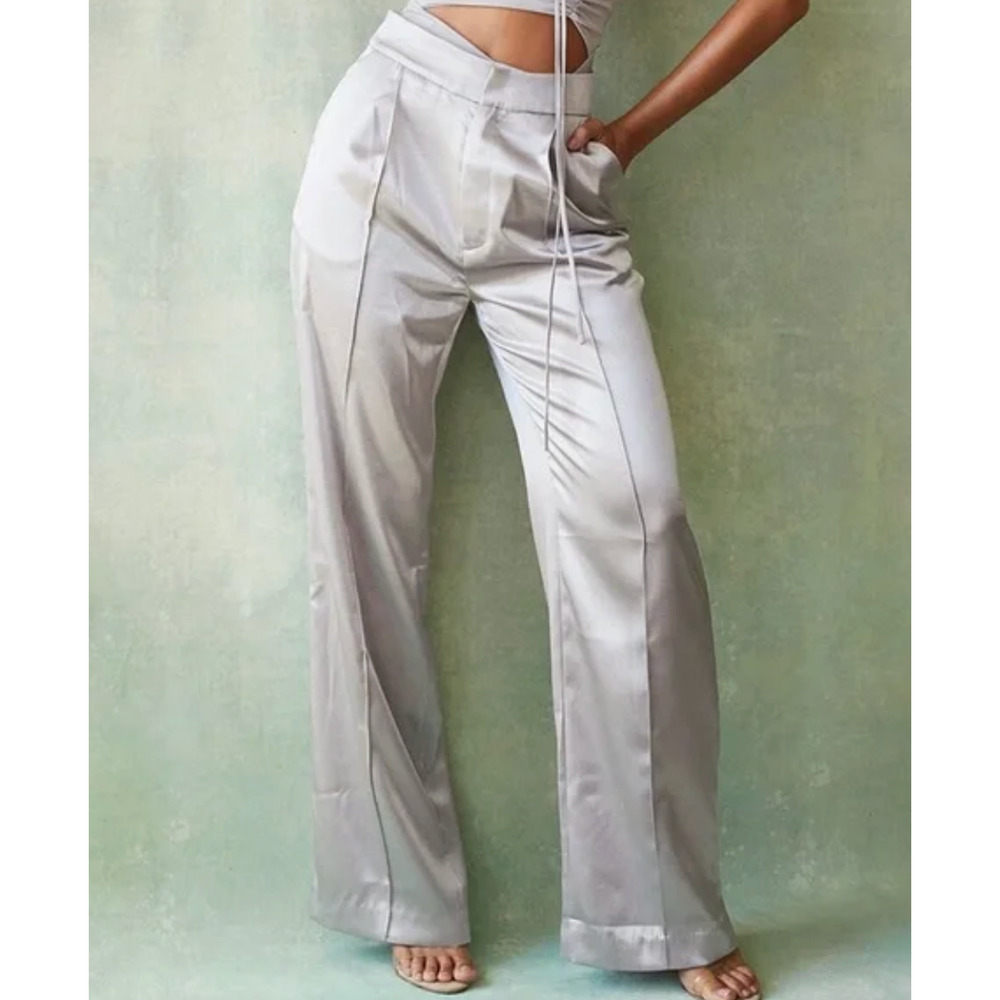 House of CB Alivia Pants Grey Satin Loose Fit Trousers Sz S 4/6 Metallic Silver